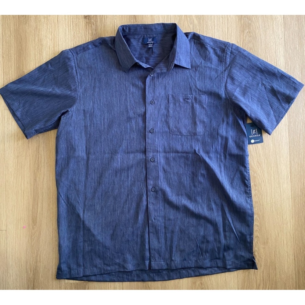 George Mens L Blue Short Sleeve Button Up Casual Shirt Chest Pocket